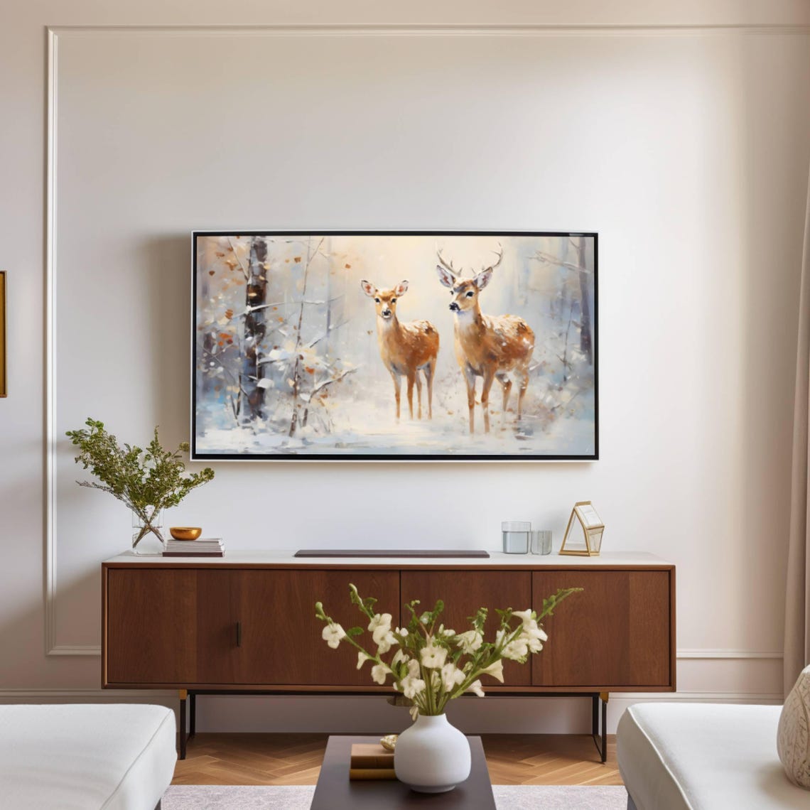 Doe and Young Buck Standing Alert in Winter Woods Wildlife Poster - Image 2