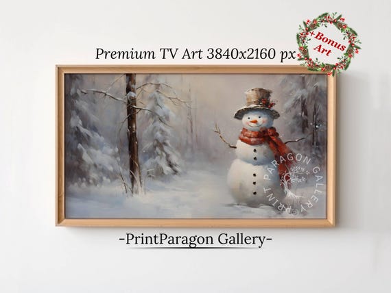 Cute Snowman Frame Tv Art Cottagecore Christmas Decor Christmas Snowman Painting Snowman Tv Art Winter Landscape Seasonal Wall Decor