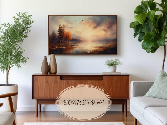 Golden Autumn Sunset Over Still Lake With Orange Trees Poster