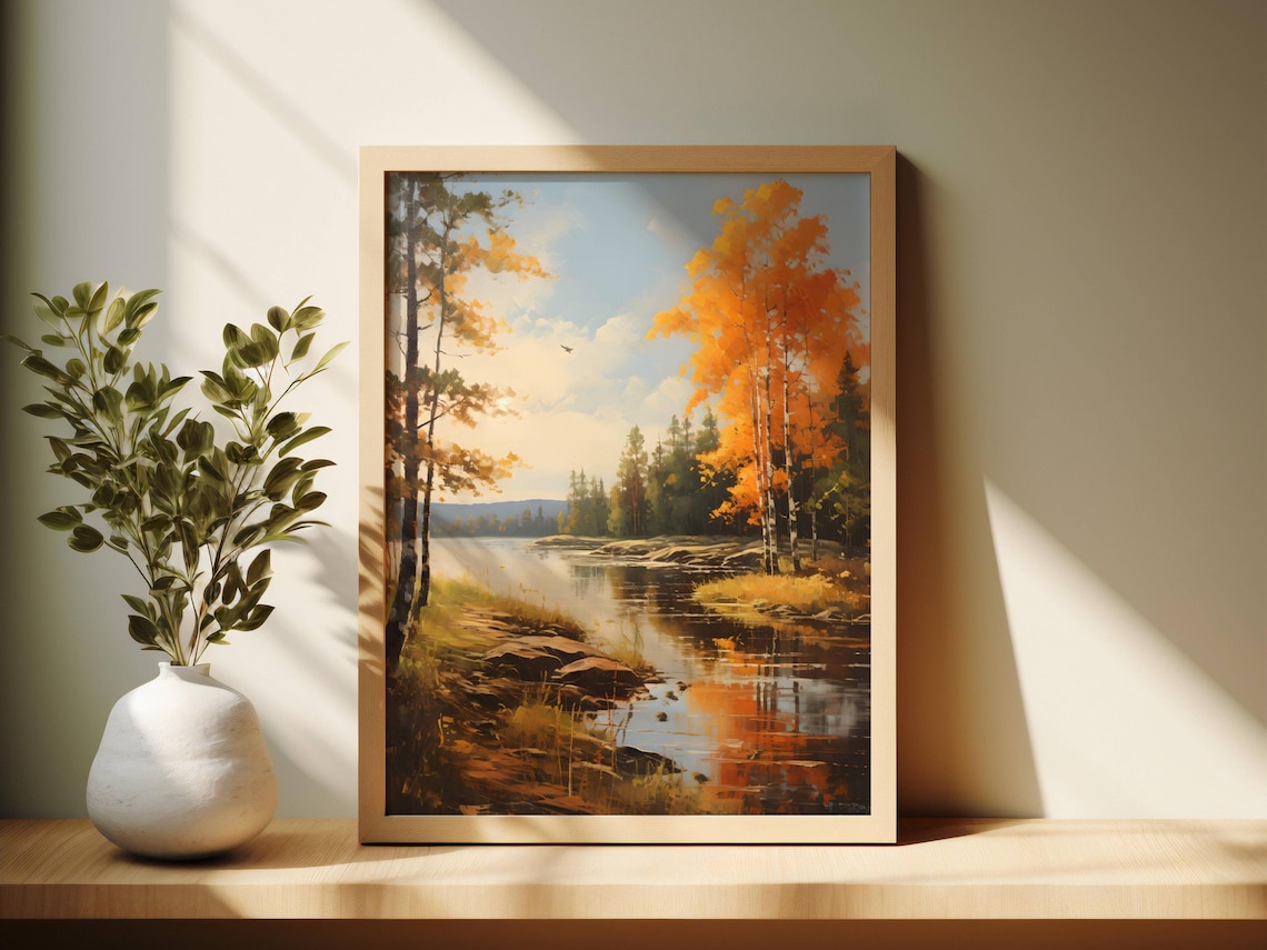 Birch Trees on a Rocky Shore Beside a Golden Autumn Lake Wall Art - Image 2