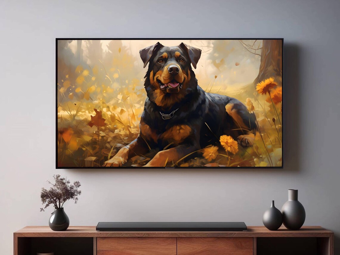 Rottweiler Lying Autumn Flowers Portrait Black Tan Dog Meadow Poster - Image 2