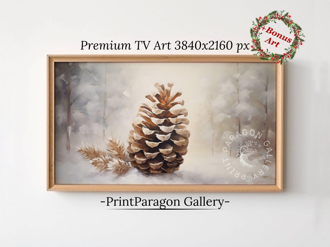 Vintage Pinecone Frame Tv Art Christmas Painting Tv Art Farmhouse Christmas Wall Art Holiday Home Decor Winter Landscape Tv Art