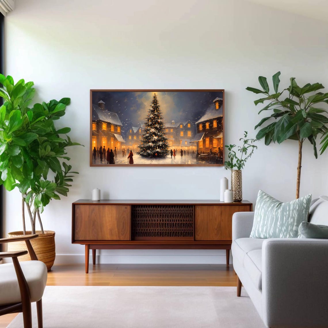 Vintage Christmas Tree Frame Tv Art Christmas Town Oil Painting Winter City Tv Decor Moody Seasonal Home Decor Wall Art - Image 2
