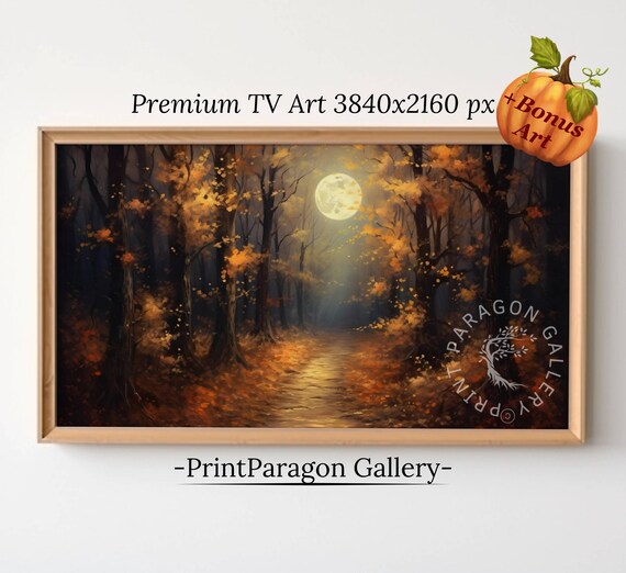 Spooky Moonlit Forest Trail Painting Autumn Night Golden Leaves Poster