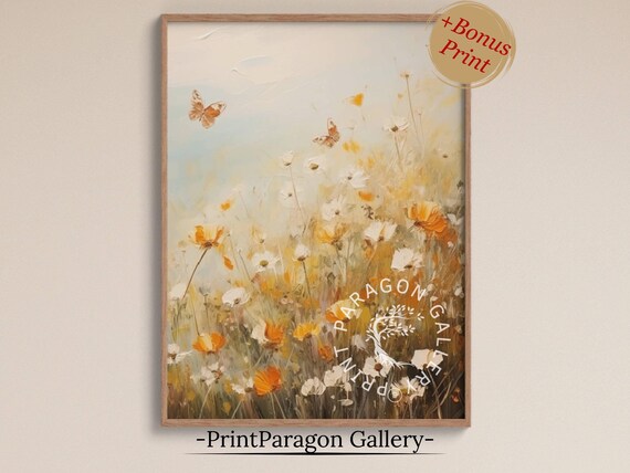 Butterflies Over Golden Wildflower Meadow Soft Floral Wall Art