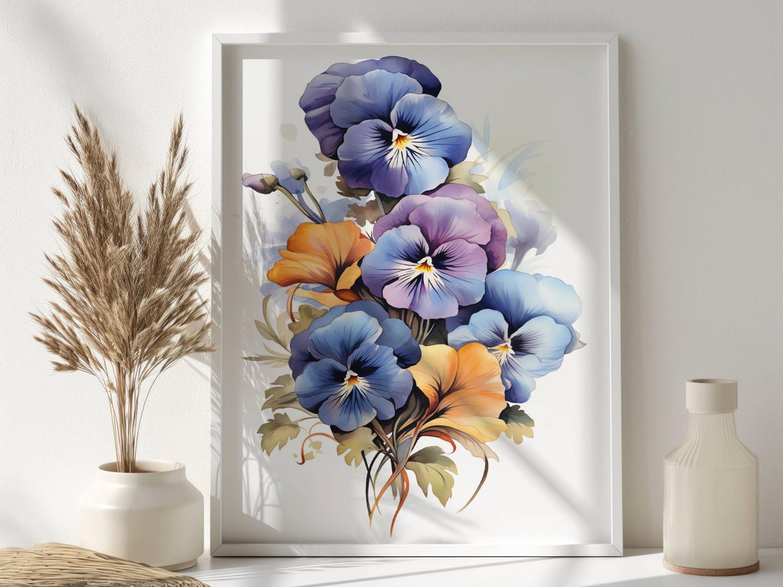 Violet and Orange Pansy Blossoms Watercolor Floral Art Poster - Image 2