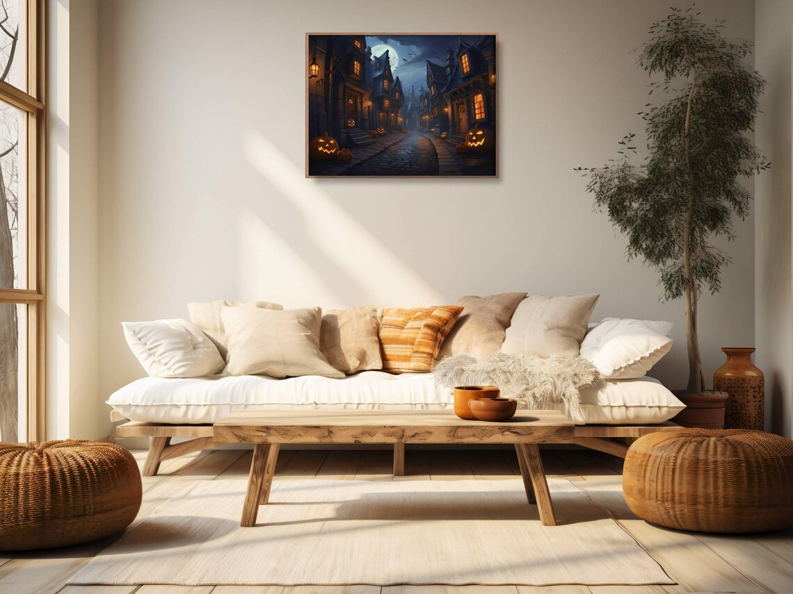 Spooky Halloween Night Town Street With Glowing Pumpkins Moonlit Poster - Image 2