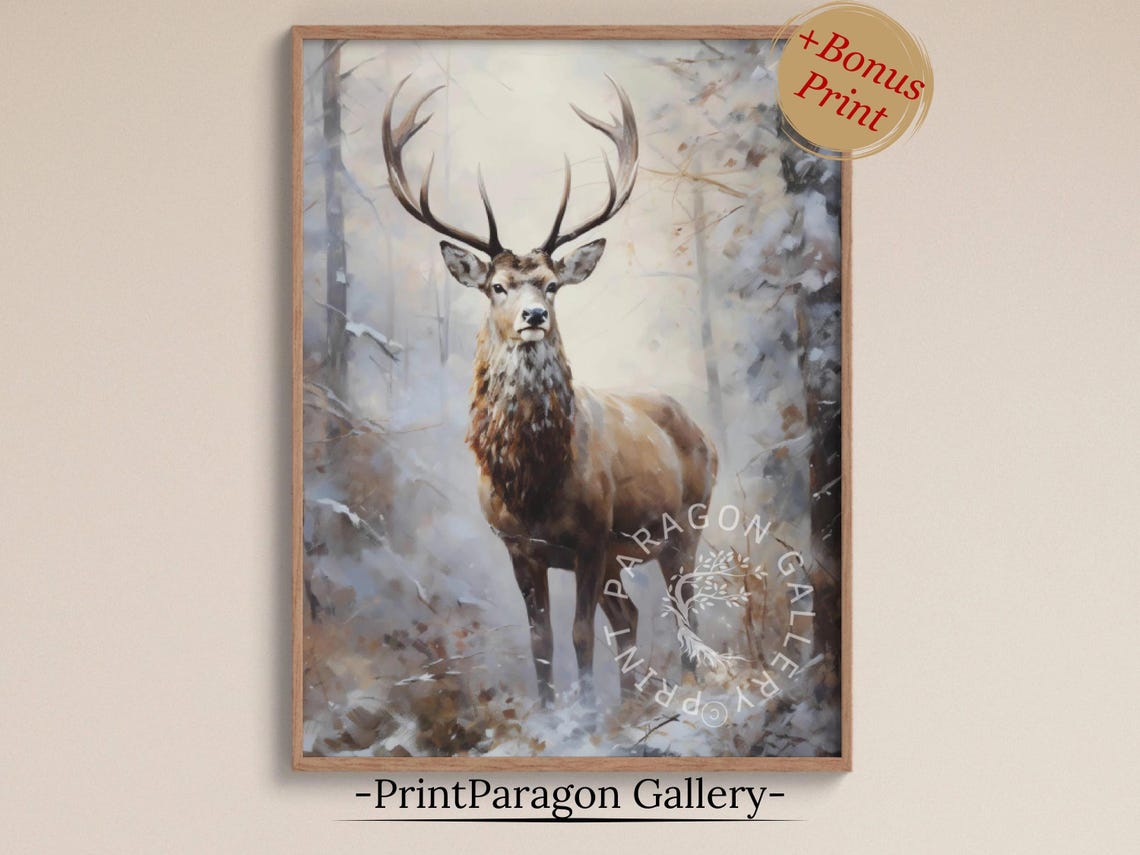 Red Deer Stag Standing Snowy Winter Forest Wildlife Portrait Poster