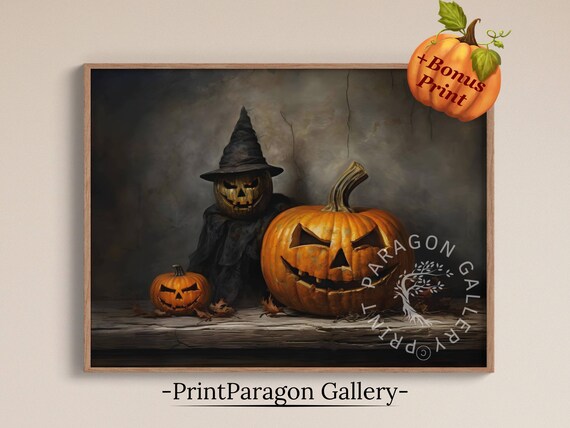 Spooky Jack O Lantern Trio With Witch Hat Pumpkin Head Figure Poster