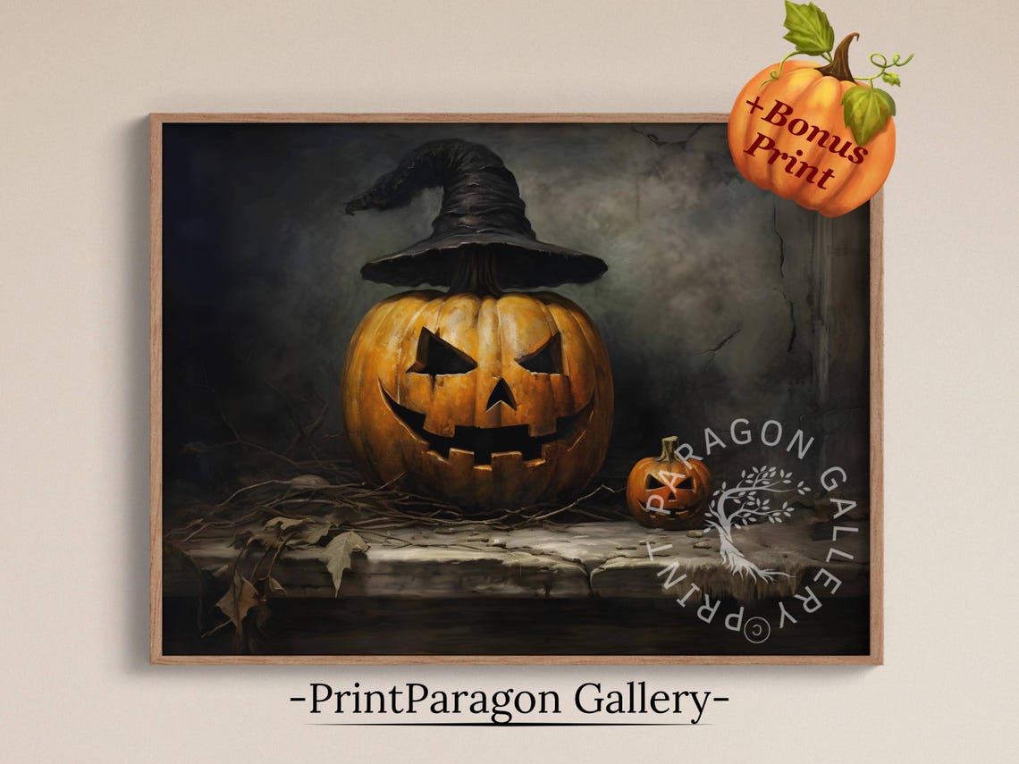 Jack O Lantern Wearing Witch Hat Moody Halloween Night Still Poster