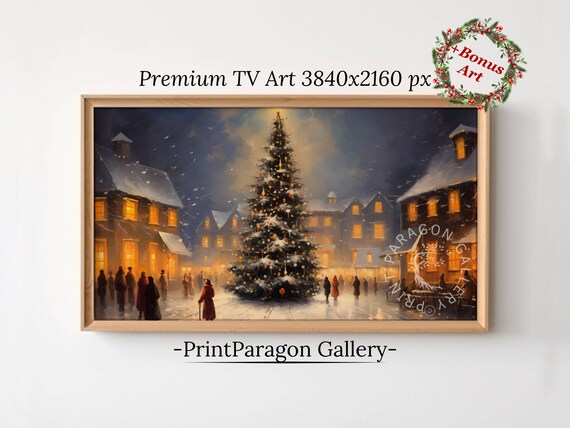 Vintage Christmas Tree Frame Tv Art Christmas Town Oil Painting Winter City Tv Decor Moody Seasonal Home Decor Wall Art