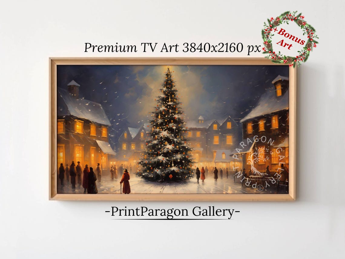 Vintage Christmas Tree Frame Tv Art Christmas Town Oil Painting Winter City Tv Decor Moody Seasonal Home Decor Wall Art