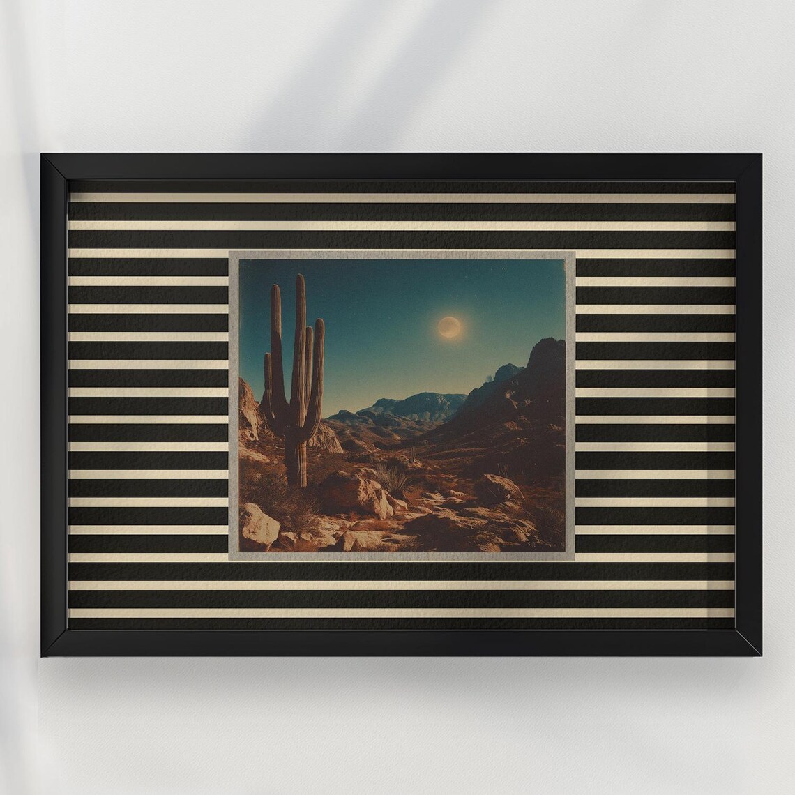 Desert Cactus Under Moonlit Sky Striped Border Western Poster