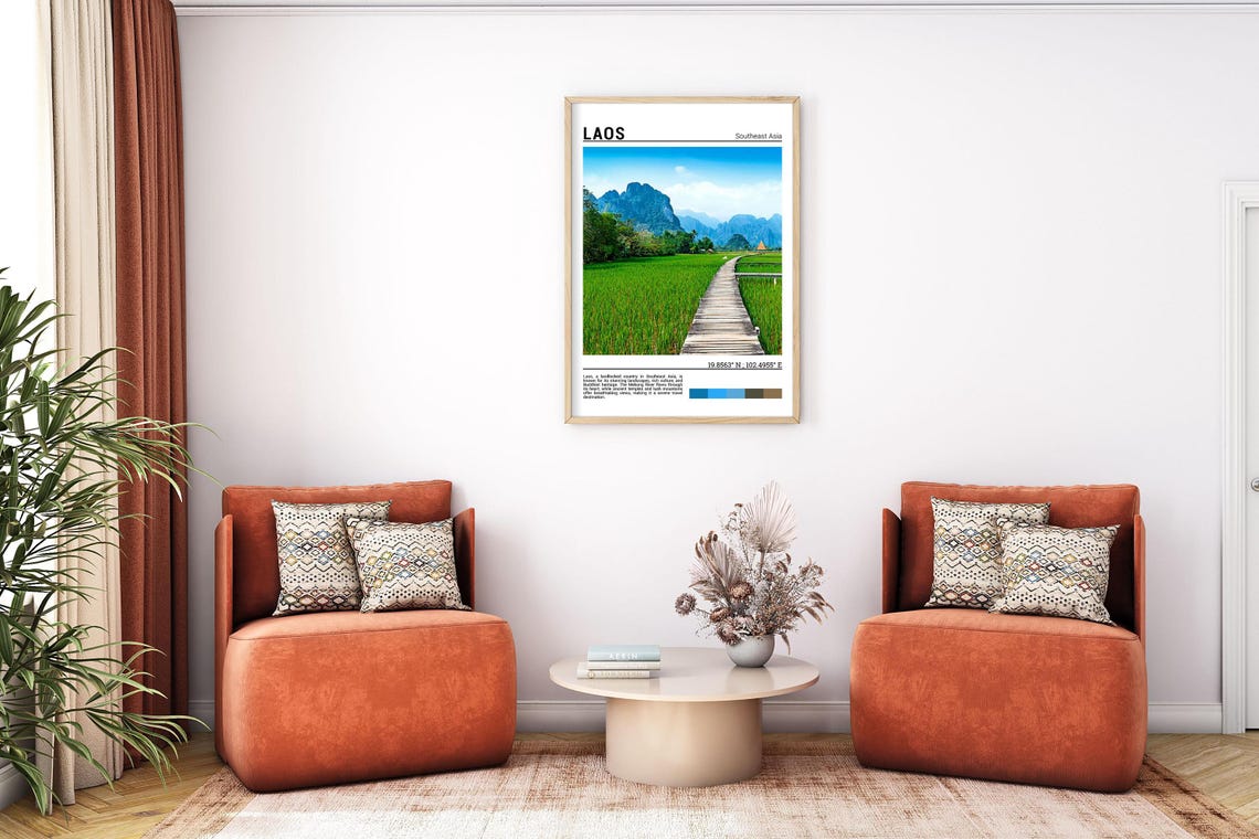 Laos Southeast Asia Rice Paddy Boardwalk Mountains Travel Poster - Image 7