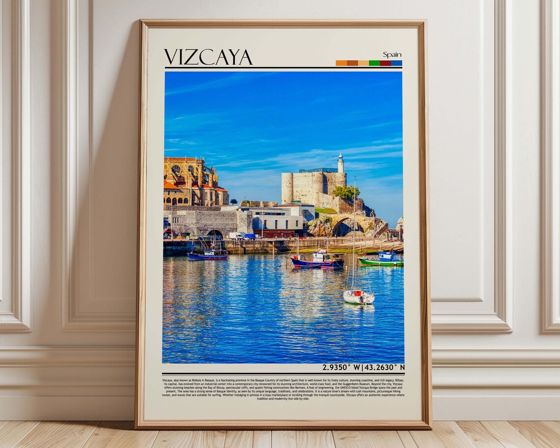 Vizcaya Spain Historic Harbor Fishing Boats Coastal Travel Poster