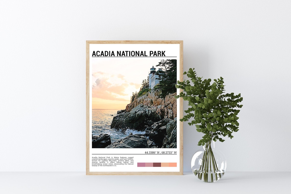 Acadia National Park Maine Lighthouse Rocky Coast Sunset Travel Poster - Image 4