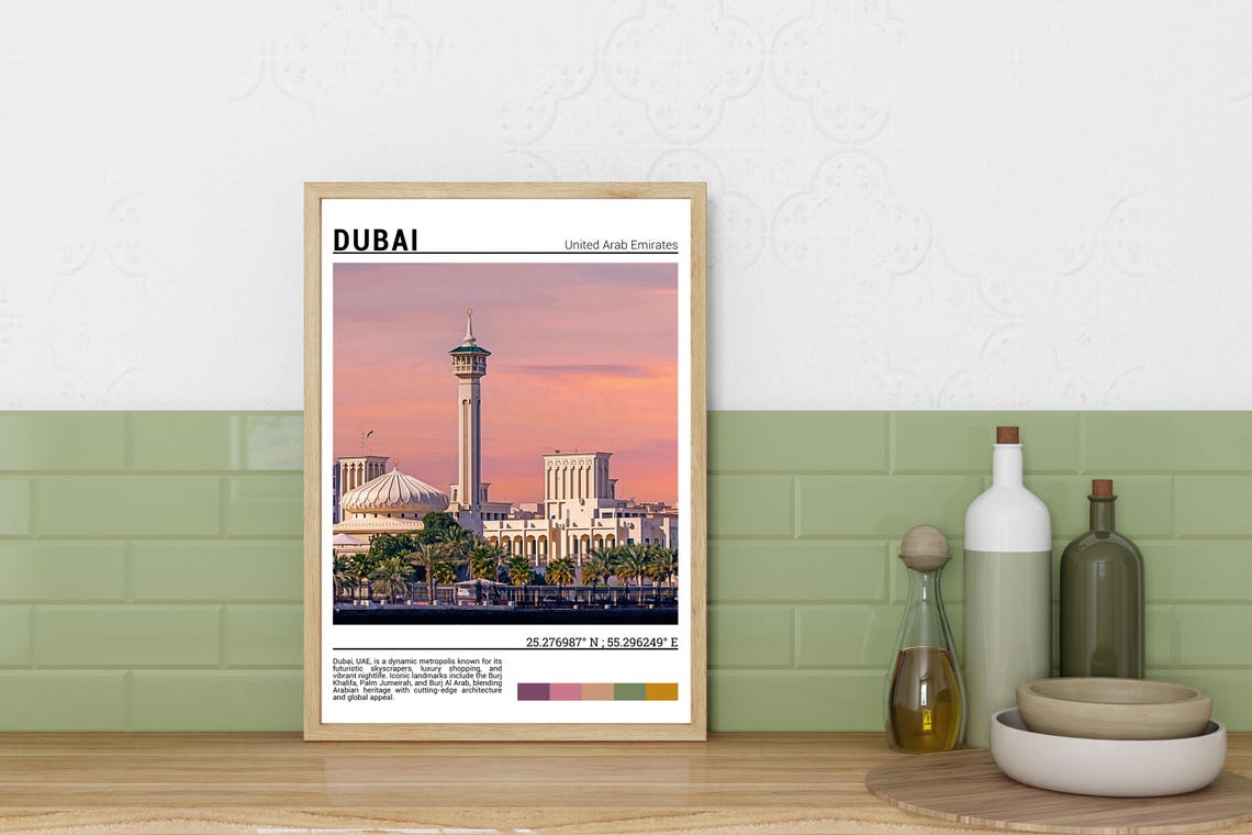 Dubai UAE Grand Mosque Tall Minaret Pink Sunset Waterfront Poster - Image 3
