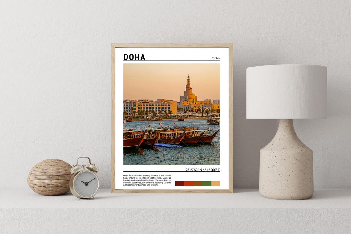 Doha Qatar Traditional Dhow Boats Spiral Minaret Sunset Poster - Image 2