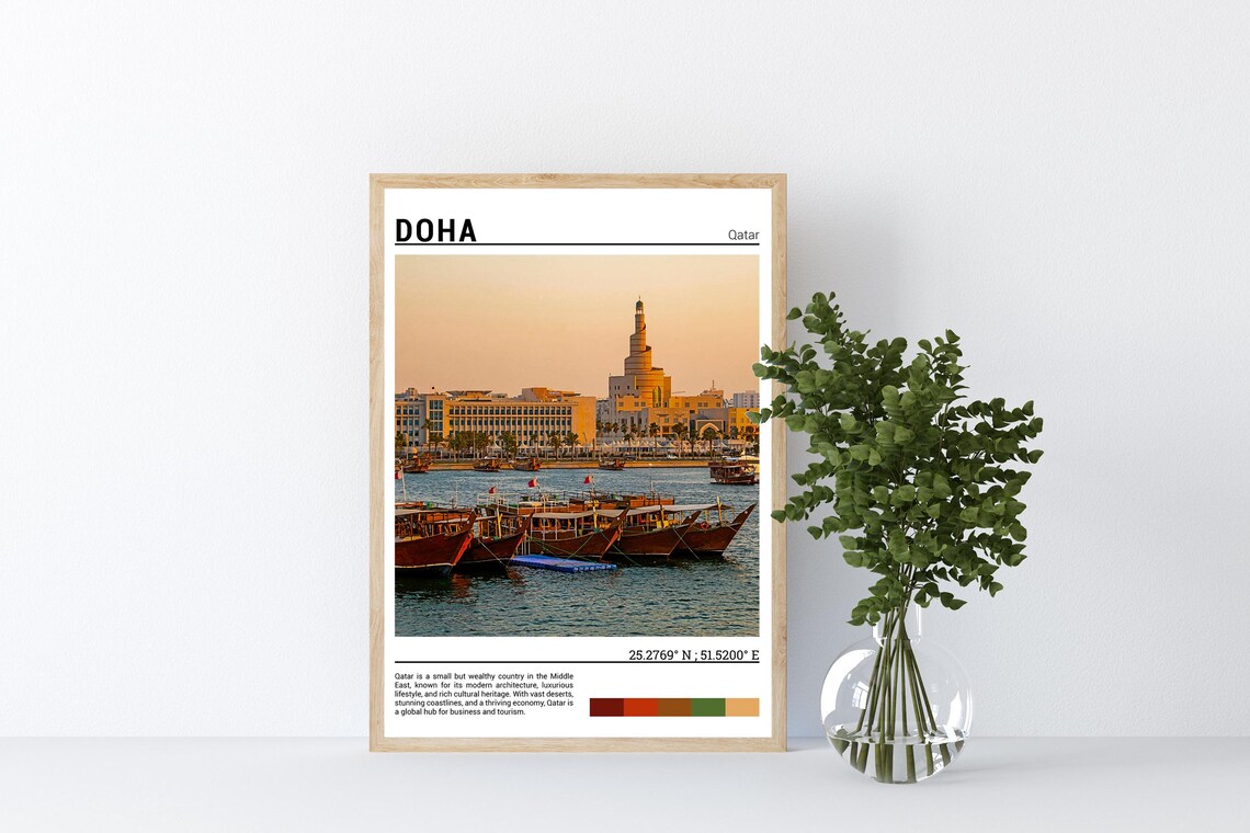 Doha Qatar Traditional Dhow Boats Spiral Minaret Sunset Poster - Image 4