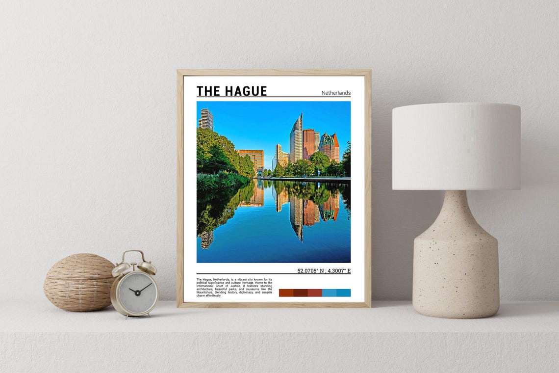The Hague Netherlands Modern Skyline Canal Reflection Photo Poster - Image 2