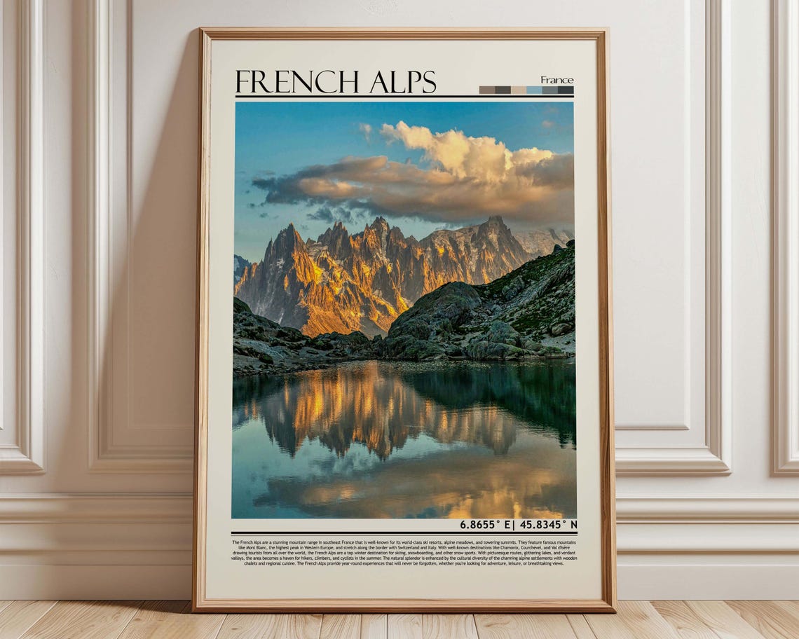 French Alps Sunset Peaks Lake Reflection Mountain Travel Poster
