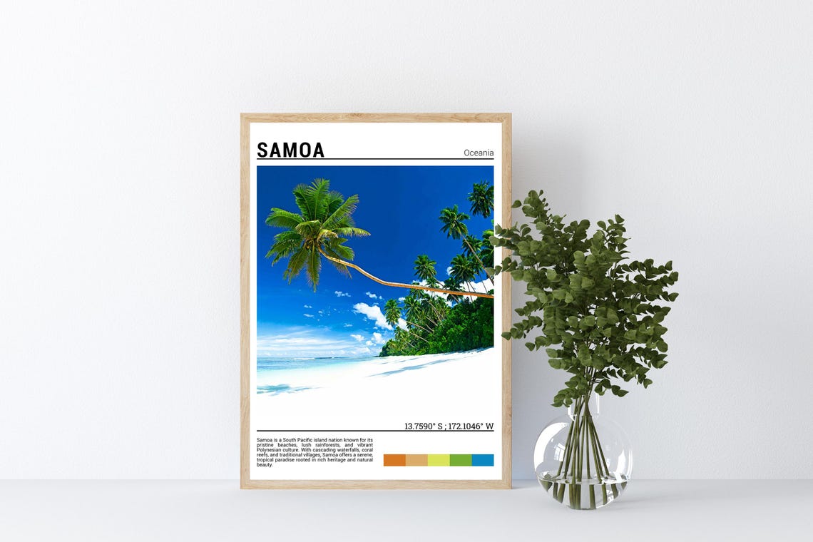 Samoa Oceania Leaning Palm Tree White Sand Beach Tropical Poster - Image 4