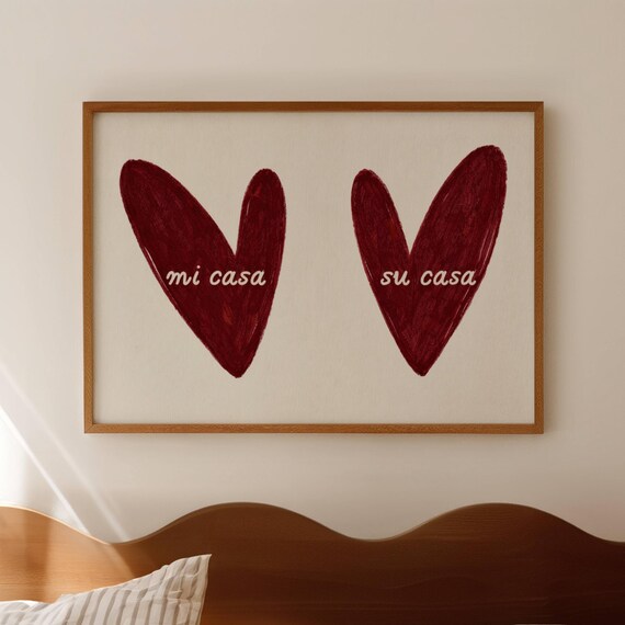 Mi Casa Su Quote Print Horizontal Above Bed Wall Art Hand Drawn Mid Century Retro Trendy Typography Poster Hearts Oil Painting