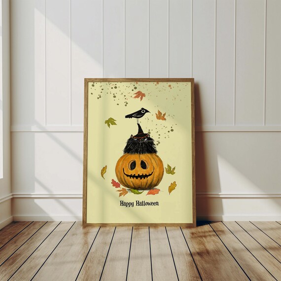 Black Cat In Witch Hat On Jack O Lantern Happy Halloween Poster