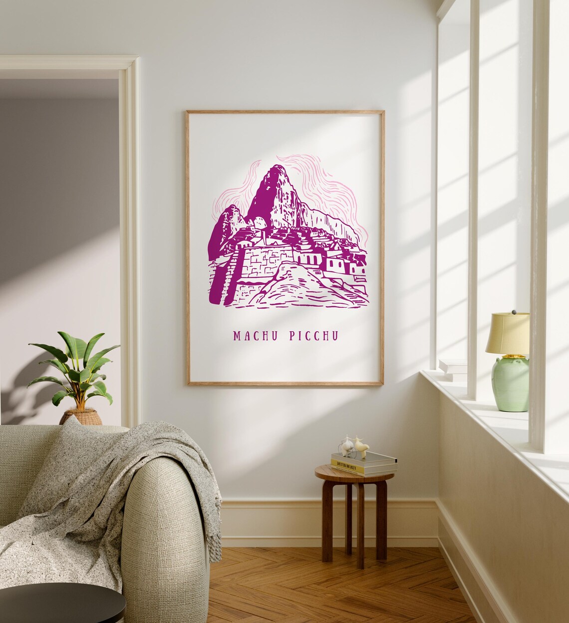 Machu Picchu Ancient Mountain Ruins Magenta Line Art Minimalist Print - Image 6
