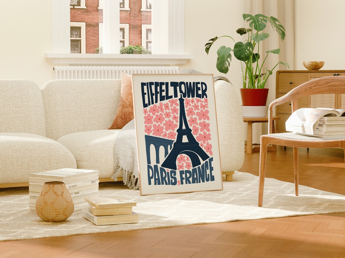Eiffel Tower Paris France Pink Bloom Retro Typography Poster - Image 4