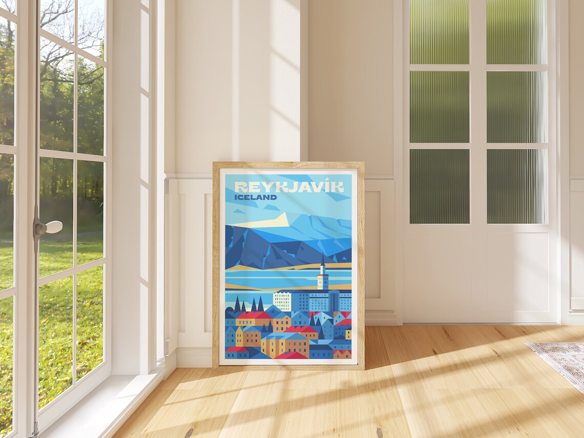 Reykjavik Iceland Retro Travel Poster Colorful Town Geometric Art - Image 4