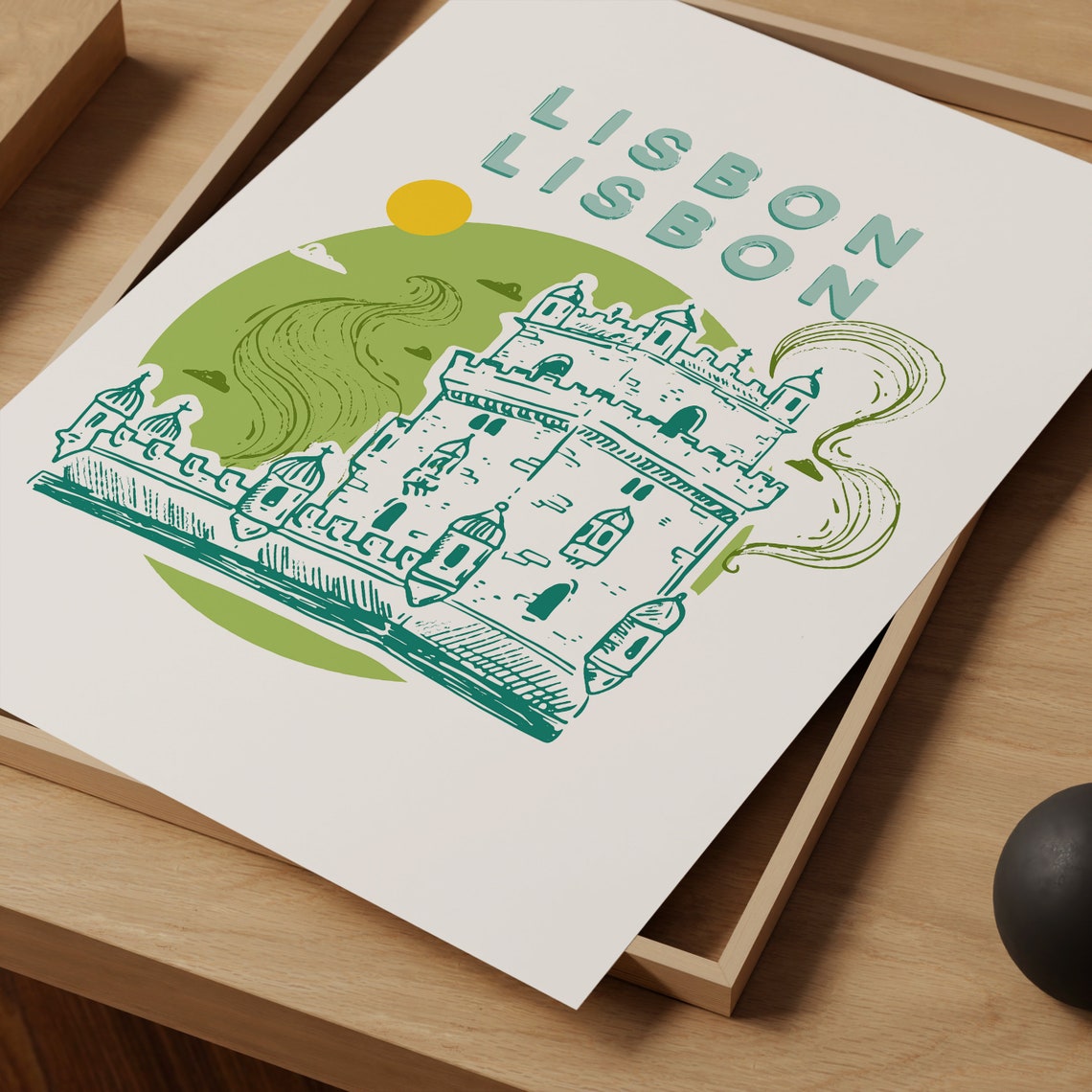 Belem Tower Lisbon Portugal Green Hand Drawn Illustration Poster - Image 5