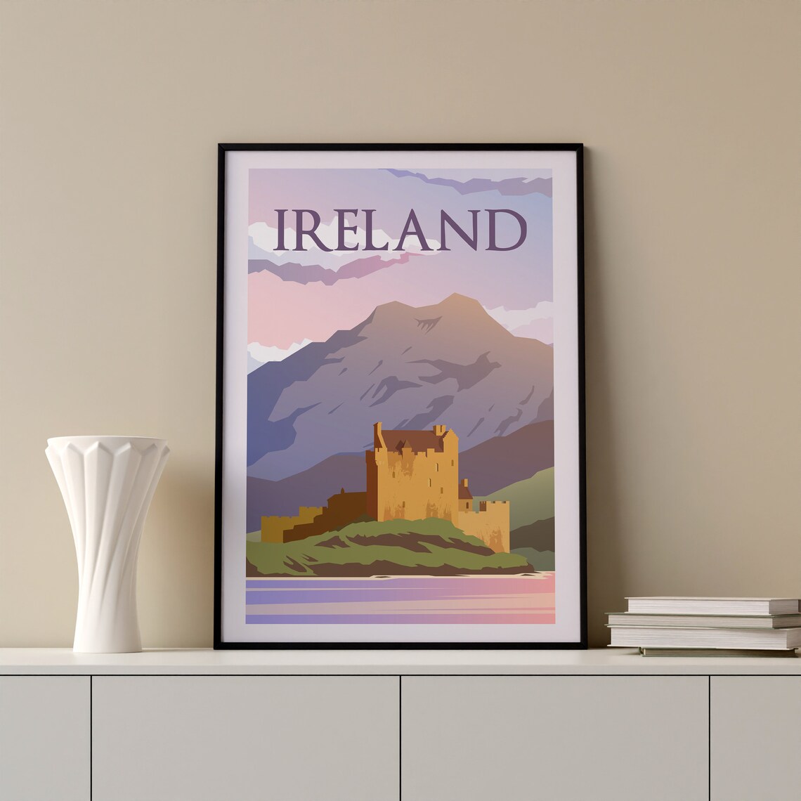 Ireland Castle Lake Mountain Sunset Historic Landscape Poster Art - Image 2