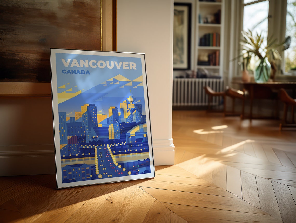 Vancouver Canada Retro Travel Poster Geometric Skyline Night Art - Image 5