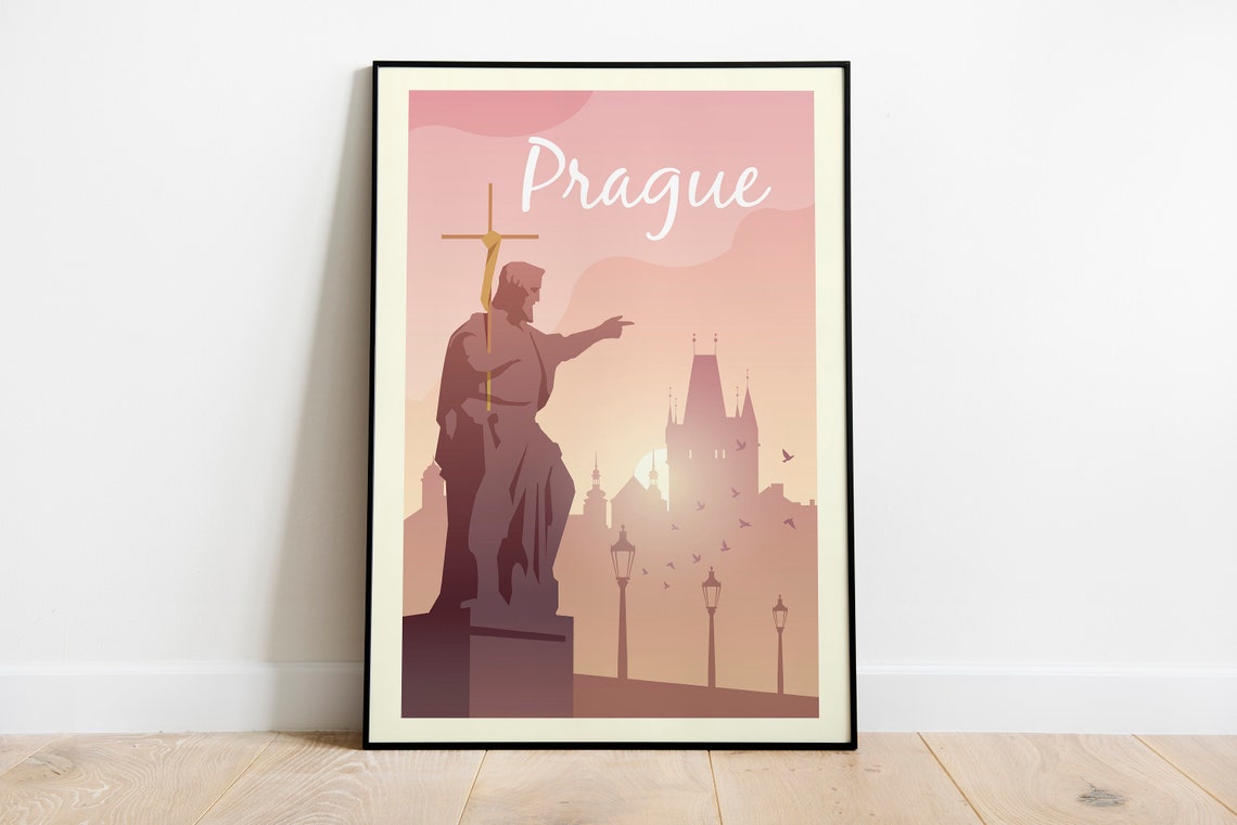 Prague Charles Bridge Statue Sunrise Czech Republic Travel Poster