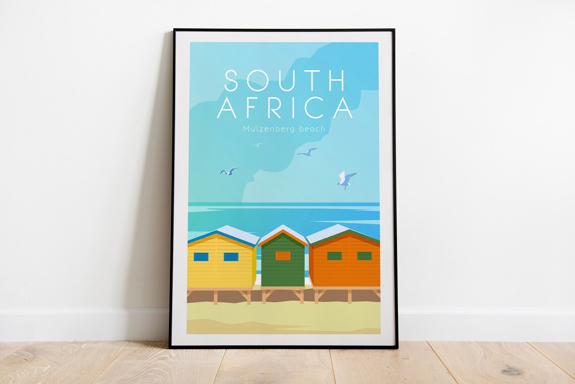 South Africa Muizenberg Beach Colorful Huts Seaside Travel Poster