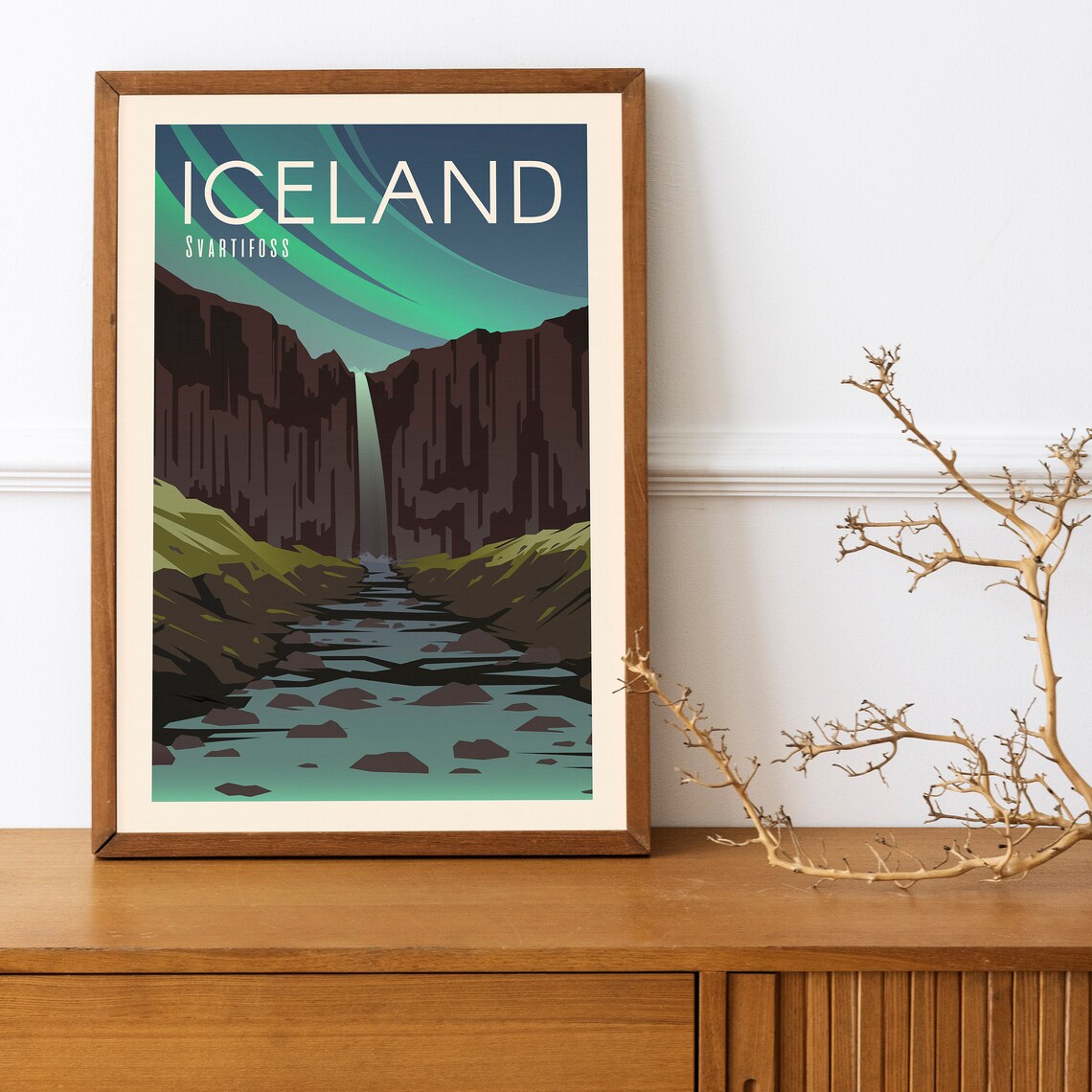 Iceland Svartifoss Waterfall Northern Lights Vintage Travel Poster - Image 4