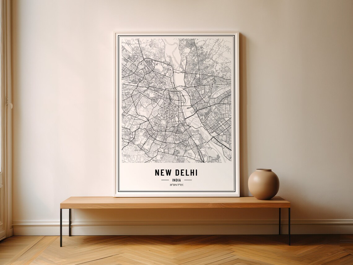 New Delhi India Modern Black and White Minimalist City Map Poster - Image 3