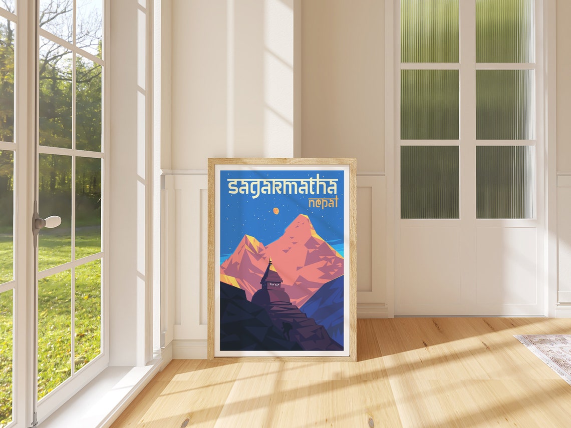 Sagarmatha Nepal Travel Poster Himalayan Peaks Night Stupa Art - Image 4