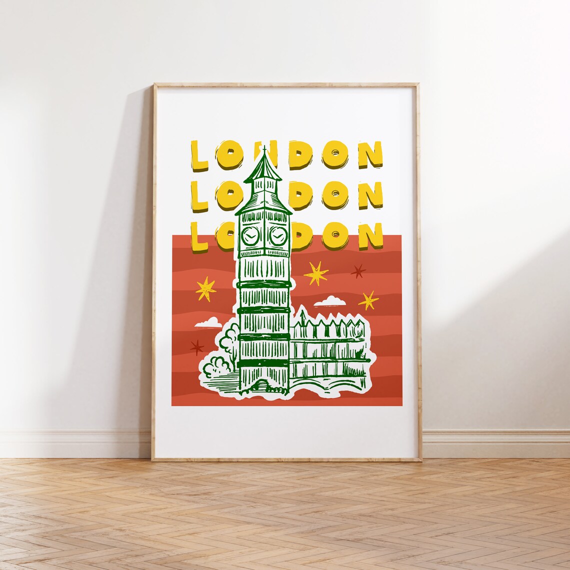 London England Big Ben Green Sketch Retro Red Pop Art Poster