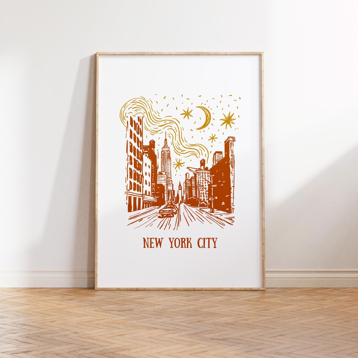 New York City Street Scene Hand Drawn Line Art Poster Empire State