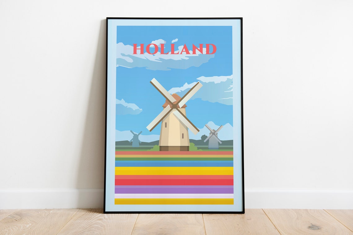 Holland Netherlands Windmills Rainbow Tulip Fields Art Poster