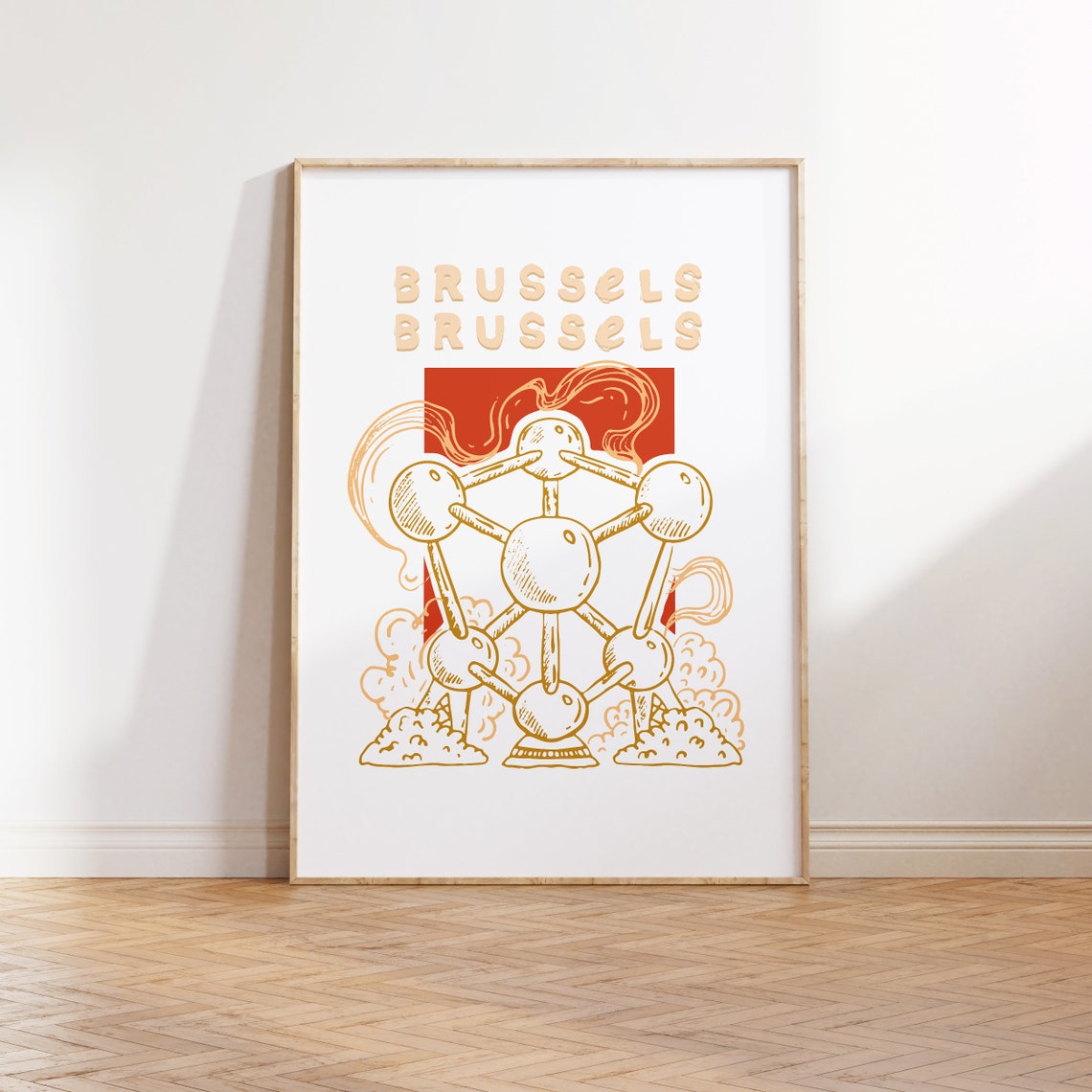 Brussels Atomium Belgium Gold Line Illustration Landmark Poster Art