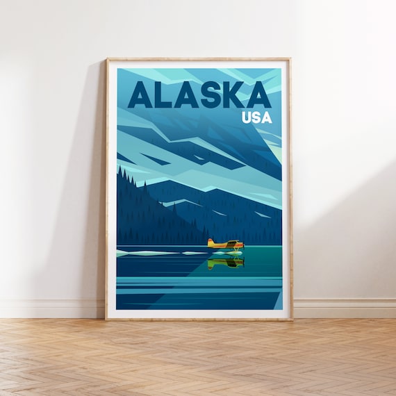 Alaska USA Vintage Travel Poster Floatplane Lake Mountains Art