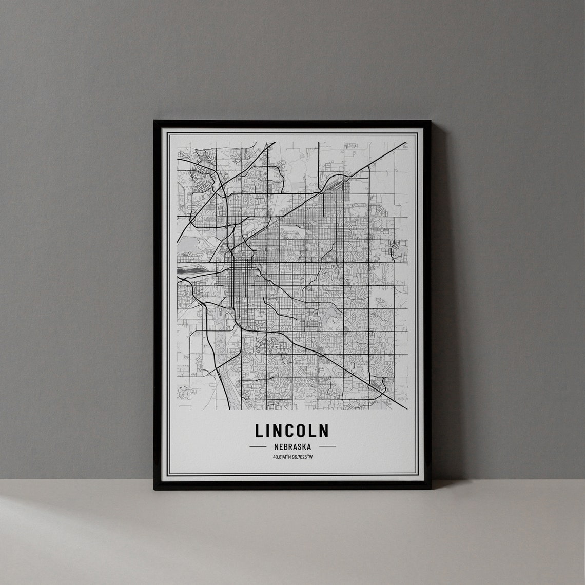 Lincoln Nebraska Minimalist Black White City Street Map Poster
