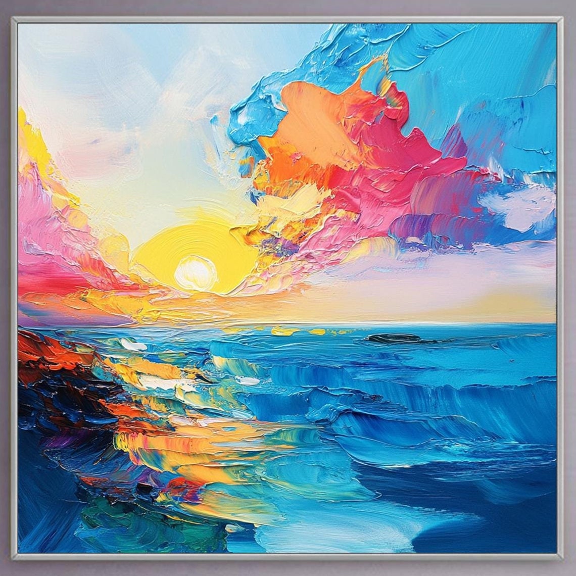Ocean Sunrise Pink Clouds Blue Sea Impasto Colorful Seascape Poster