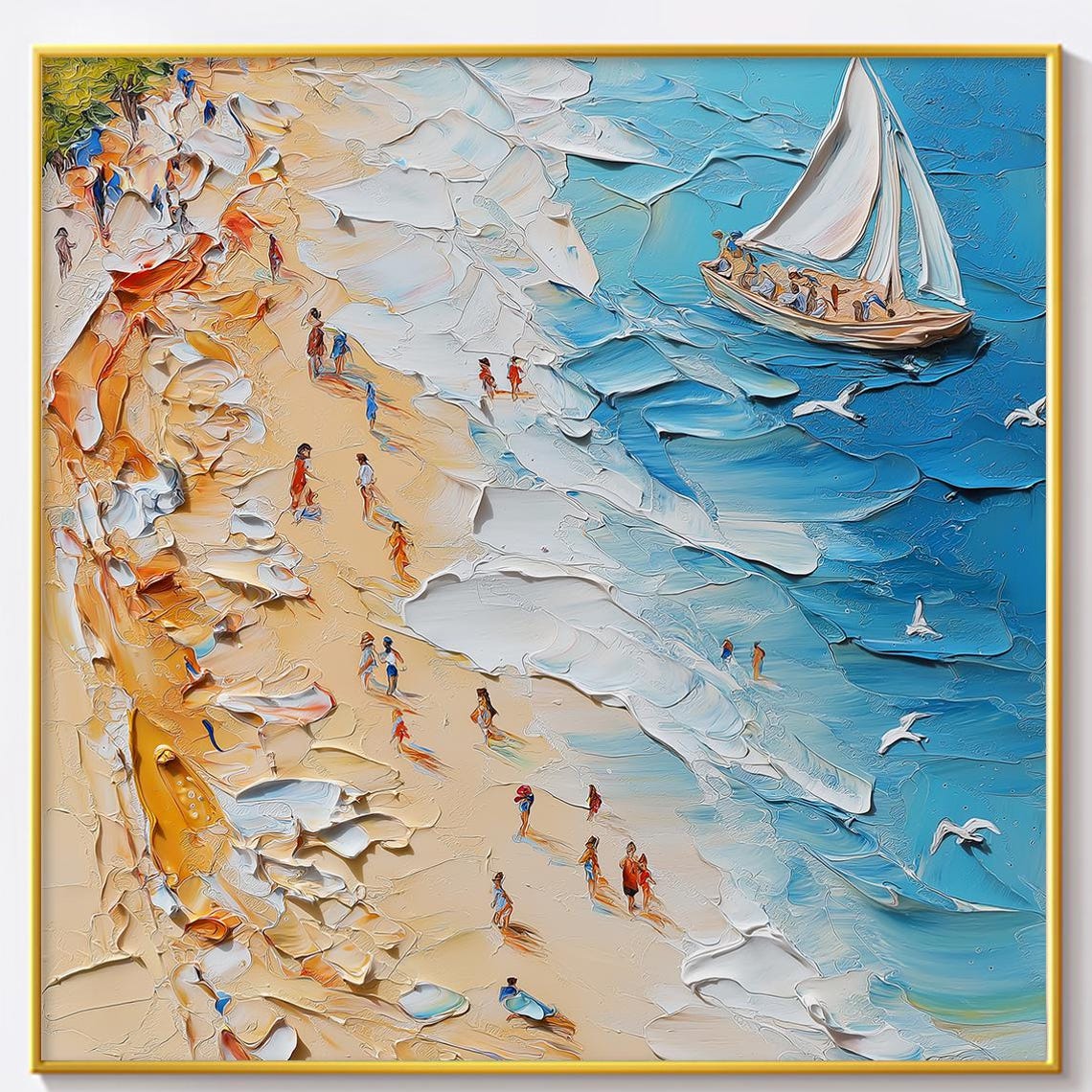 Aerial Beach Crowd Sailboat Turquoise Sea Impasto Coastal Art Poster