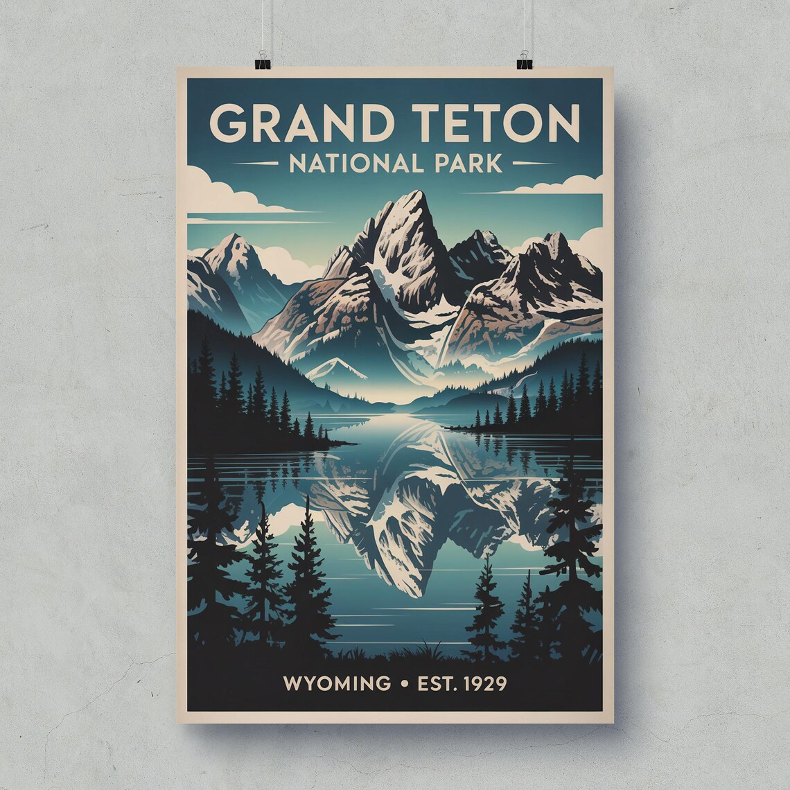 Grand Teton National Park Wyoming Mountain Reflection Travel Poster