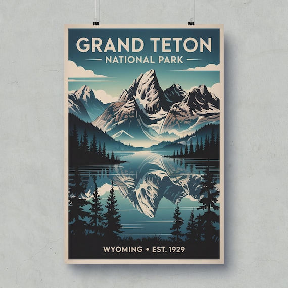 Grand Teton National Park Wyoming Mountain Reflection Travel Poster