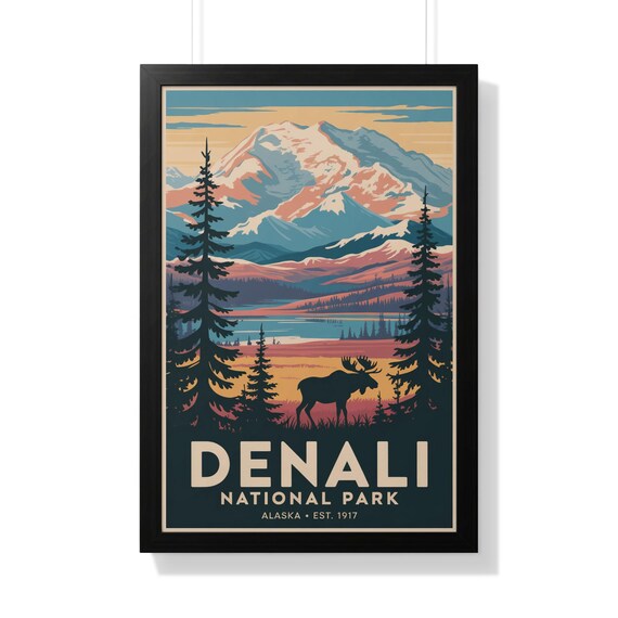 Denali National Park Alaska Retro Travel Poster Mountain Moose Sunset Art